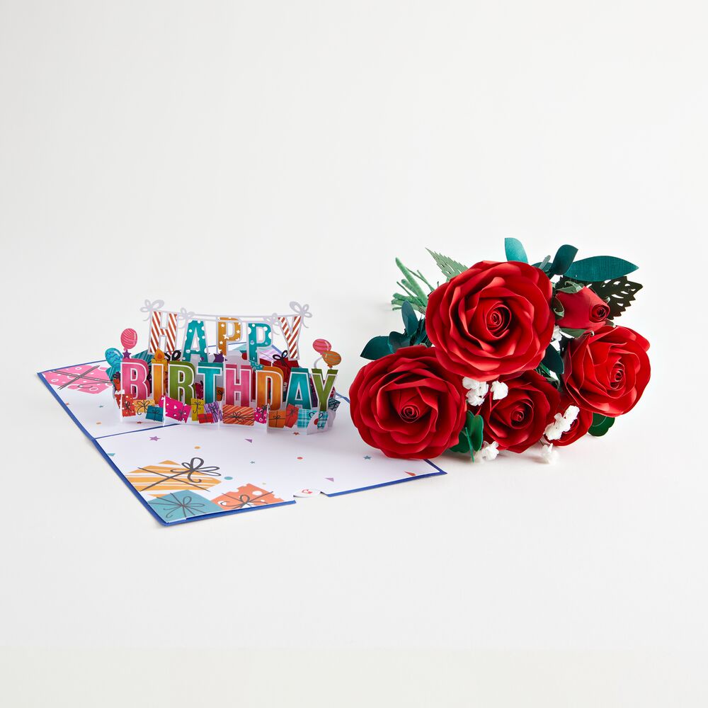 Handcrafted Paper Flowers: Roses (6 Stems) with Happy Birthday Pop