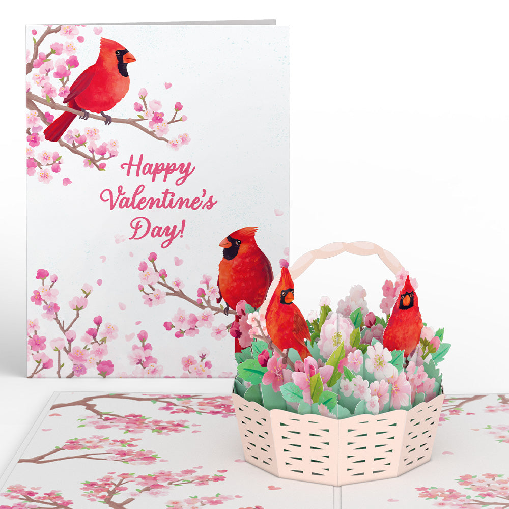 Valentine's Cherry Blossom Basket with Cardinals Pop-Up Card