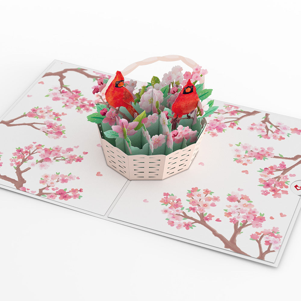 Valentine's Cherry Blossom Basket with Cardinals Pop-Up Card