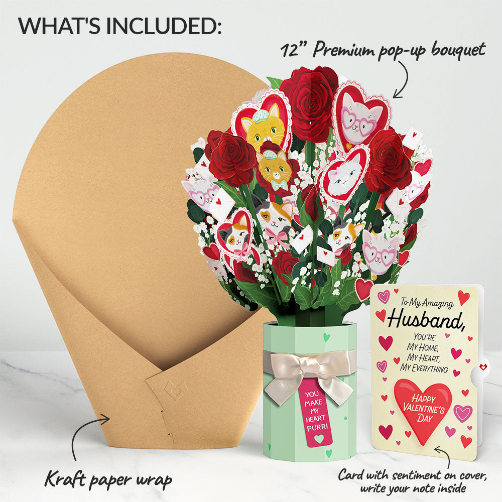 You Make My Heart Purr Cat Valentine Bouquet and Sentiment Set for Husband