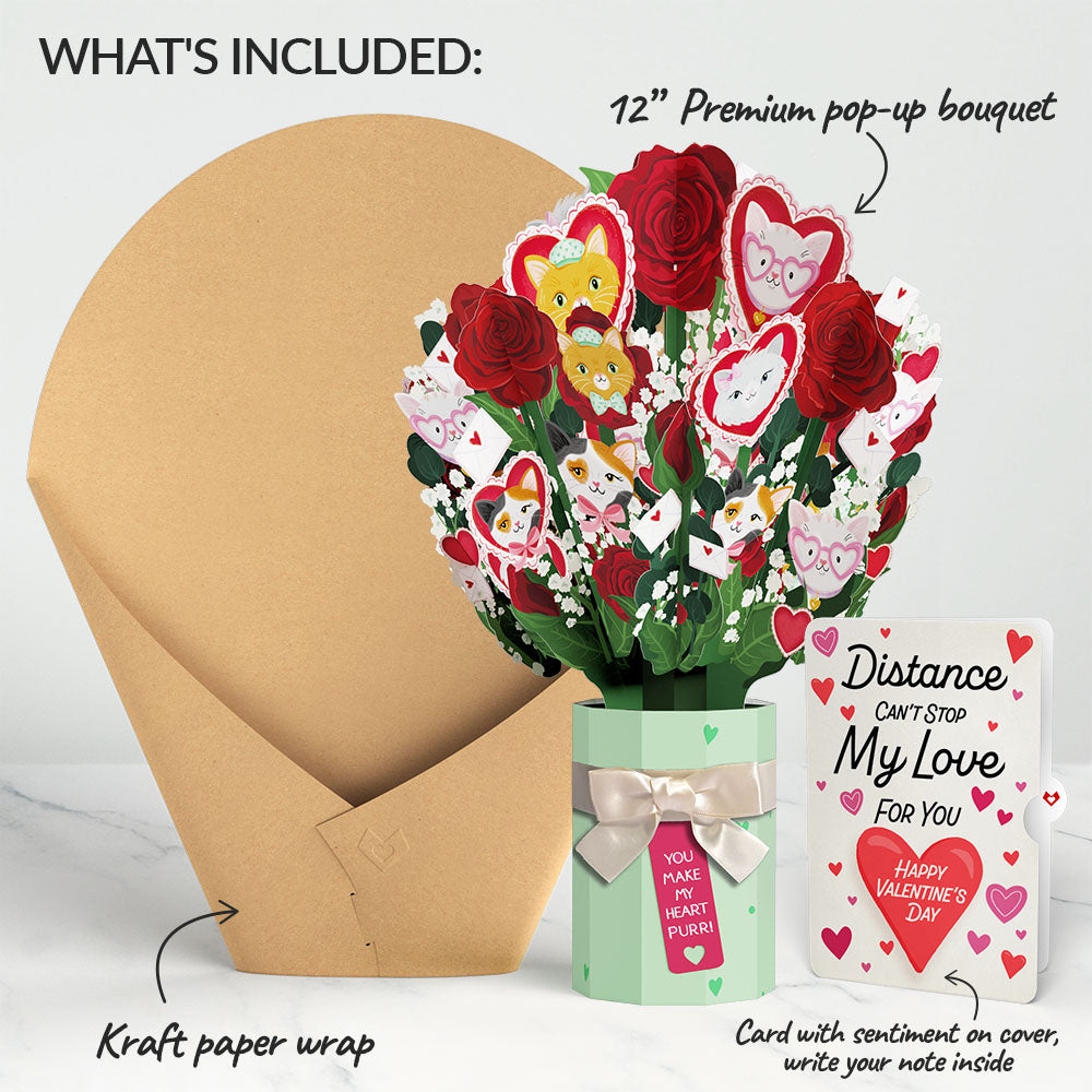 You Make My Heart Purr Cat Distance Can't Stop My Love Valentine Bouquet and Sentiment Set