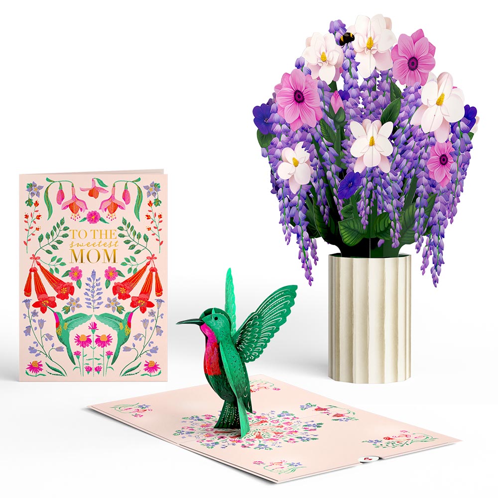 Sweetest Mom Hummingbird Pop-Up Card & Bouquet Bundle