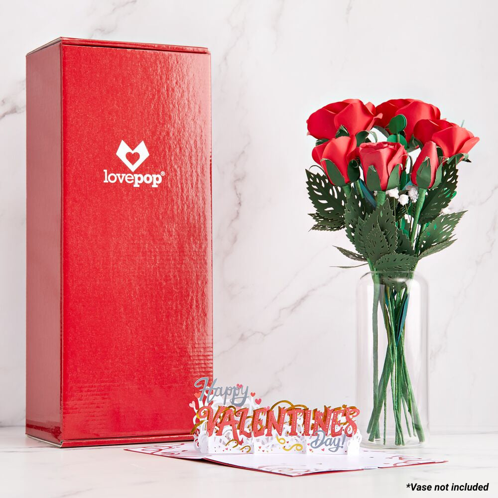 Handcrafted Paper Flowers: Red Roses (6 Stems) with Happy Valentine's Day Pop-Up Card