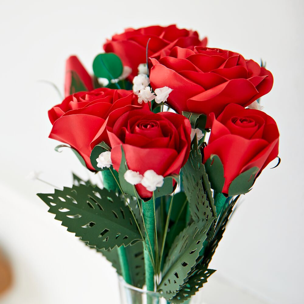 Handcrafted Paper Flowers: Red Roses (6 Stems) with Happy Valentine's Day Pop-Up Card