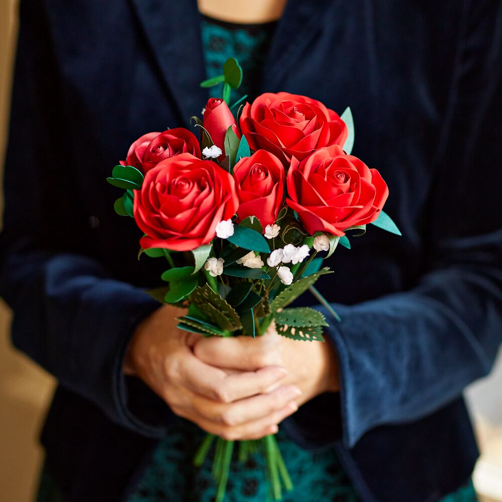 Handcrafted Paper Flowers: Red Roses (6 Stems) with Happy Valentine's Day Pop-Up Card