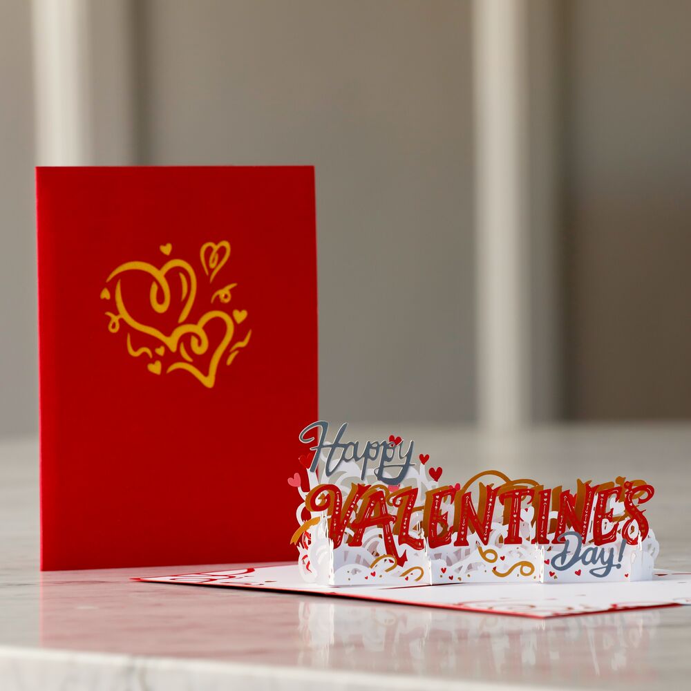 Handcrafted Paper Flowers: Red Roses (6 Stems) with Happy Valentine's Day Pop-Up Card