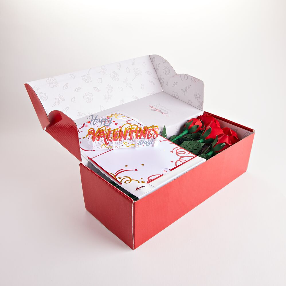 Handcrafted Paper Flowers: Red Roses (6 Stems) with Happy Valentine's Day Pop-Up Card