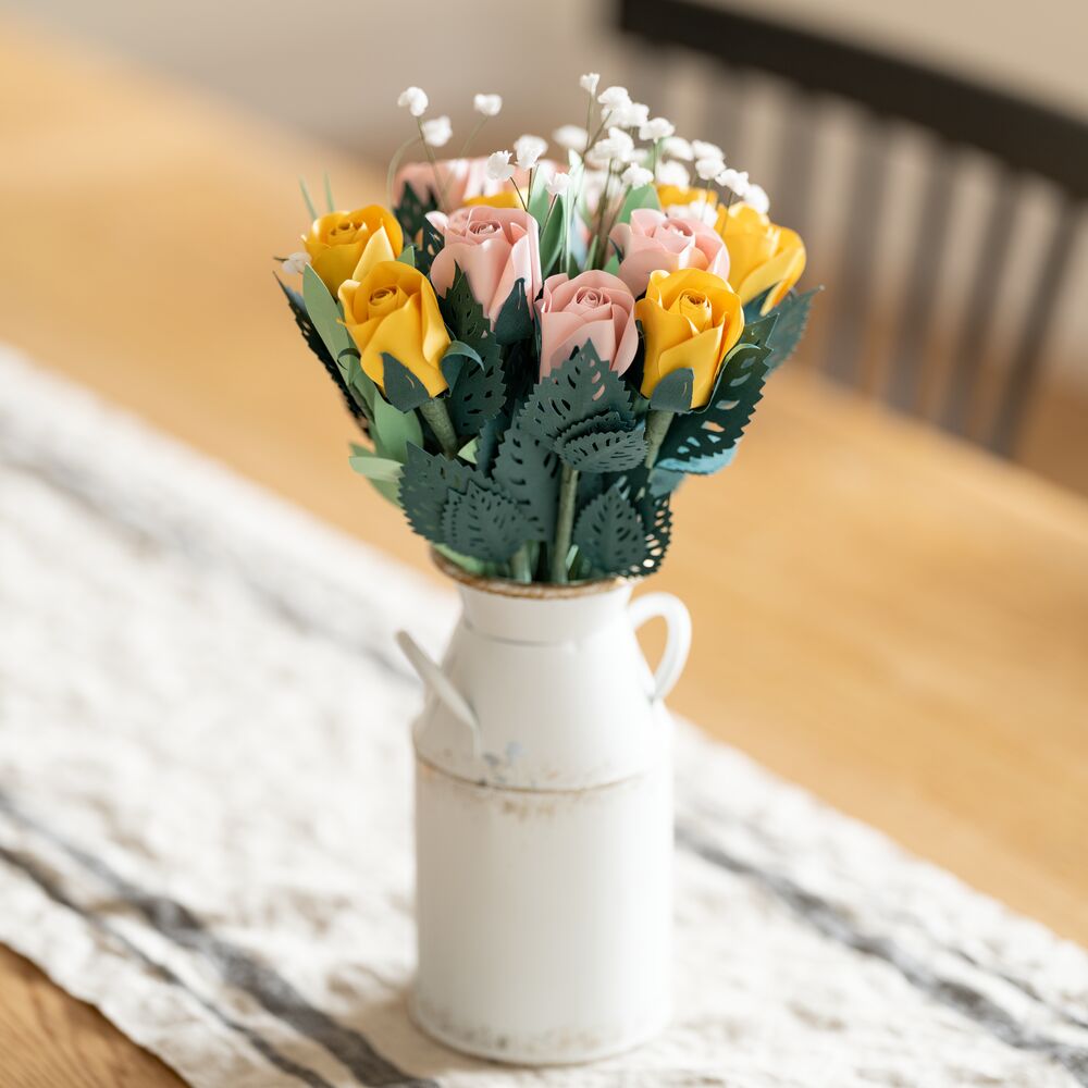 Handcrafted Paper Flowers: Pink & Yellow Roses (12 Stems) with Happy Mother's Day Pop-Up Card